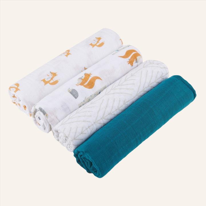 Baby Cotton Muslin Swaddle Pack of 4, Fun Forest