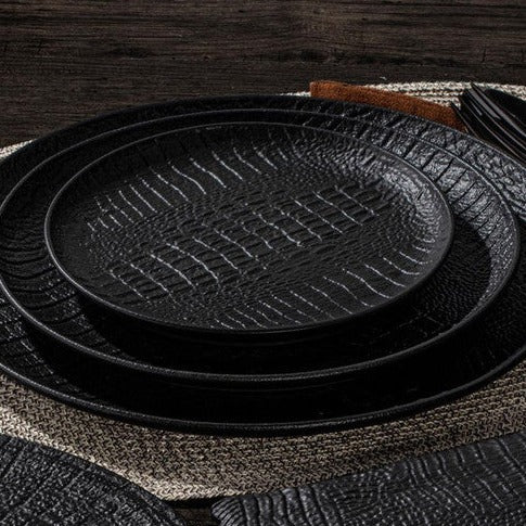 Round Crocodile Skin Platter, Black Porcelain