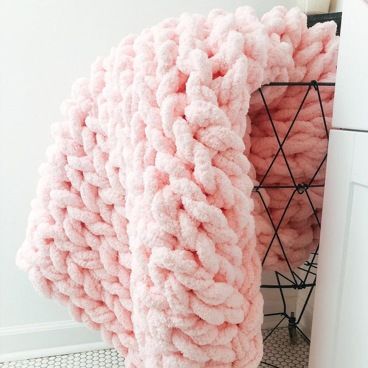 Chunky Hand-Knit Chenille Blanket, Baby Pink