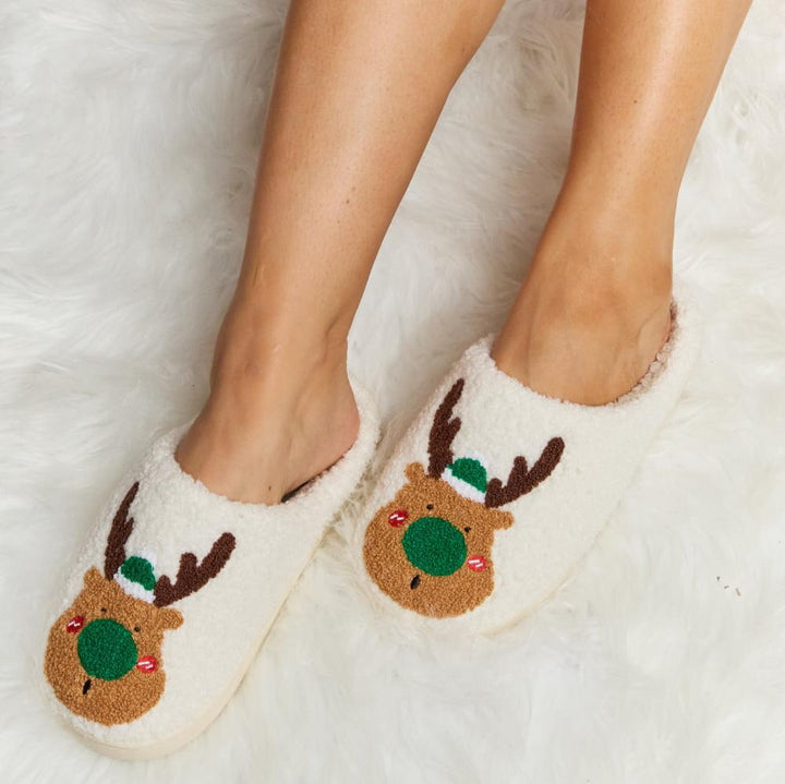 Plush Closed-Toe Slippers, Red or Green Rudolph