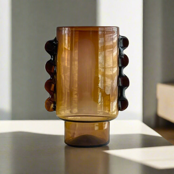 Handcrafted Mouth-Blown Glass 13" Tall Vase, Amber