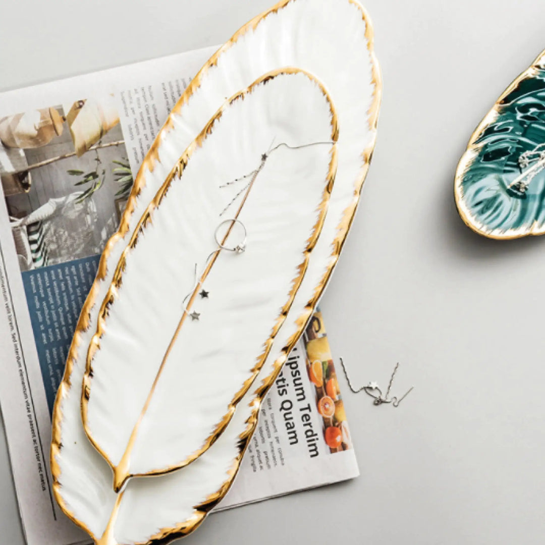 White Leaf Plate, Gold Edges