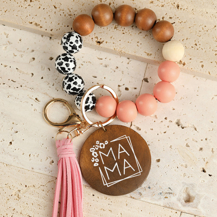 Wood Leopard Beads & Pink Fringe Keychain, Mama