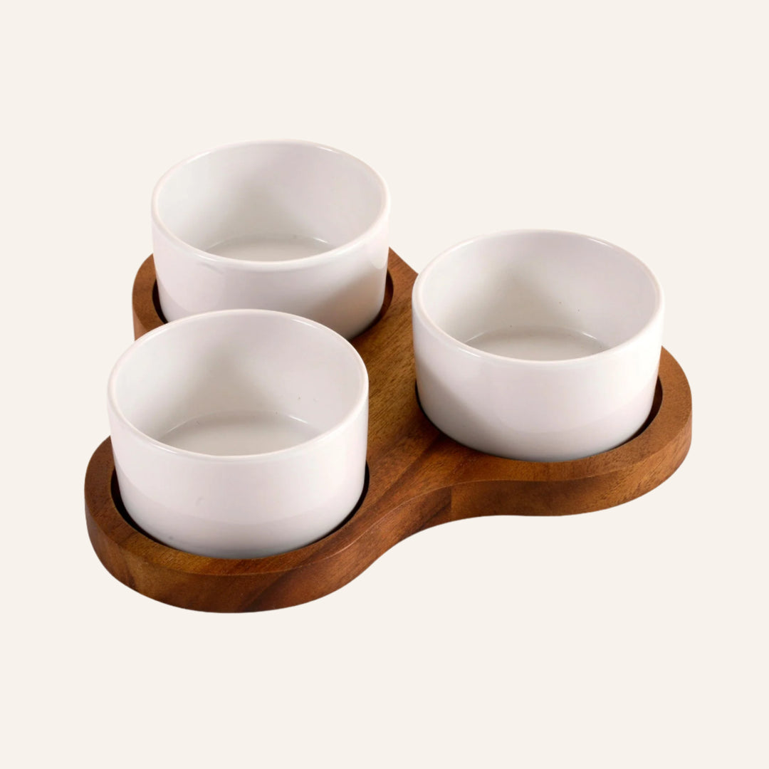 Handcrafted Serving Bowls on Triangular Acacia Wood Tray, White or Black