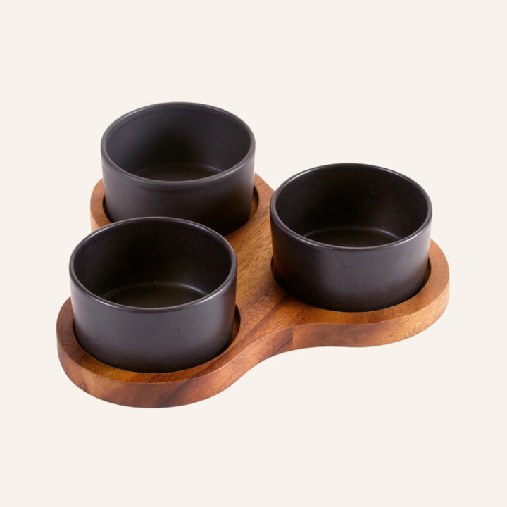 Handcrafted Serving Bowls on Triangular Acacia Wood Tray, White or Black