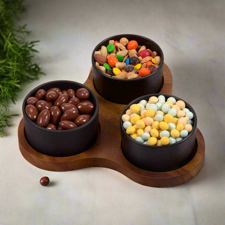 Handcrafted Serving Bowls on Triangular Acacia Wood Tray, White or Black