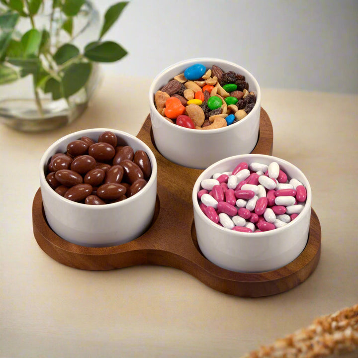 Handcrafted Serving Bowls on Triangular Acacia Wood Tray, White or Black