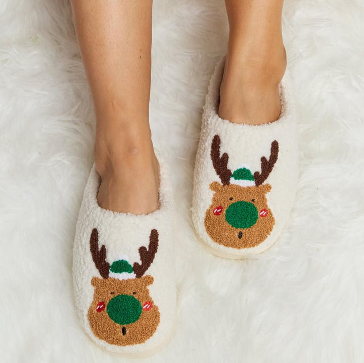 Plush Closed-Toe Slippers, Red or Green Rudolph