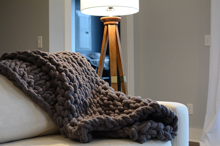 Chunky Hand-Knit Chenille Blanket, Dark Gray