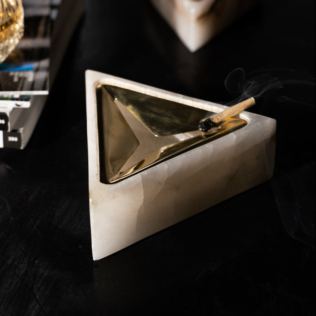 Hand-Carved Stone Ashtray, Alabaster & Brass