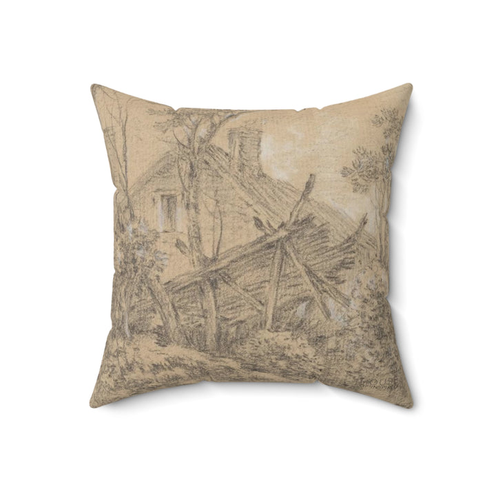 Faux Suede Pillow, Landscape with a Rustic Bridge by François Boucher