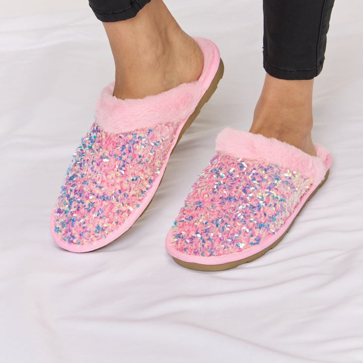 Sequin Closed-Toe Slippers, Pink