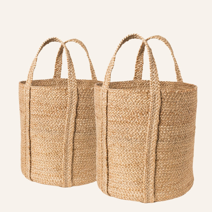 Handwoven Braided Jute Basket, Natural with Side Handles