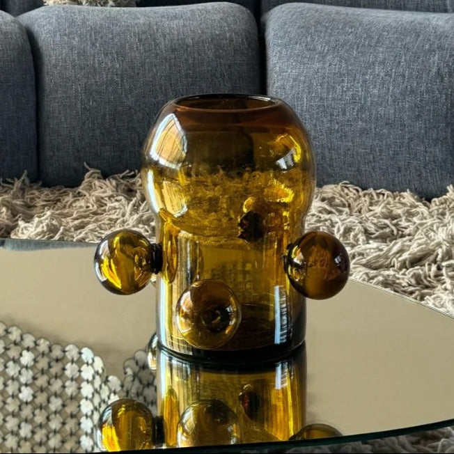 Handmade Artisan Amber Glass Vase, Multi-Sphere