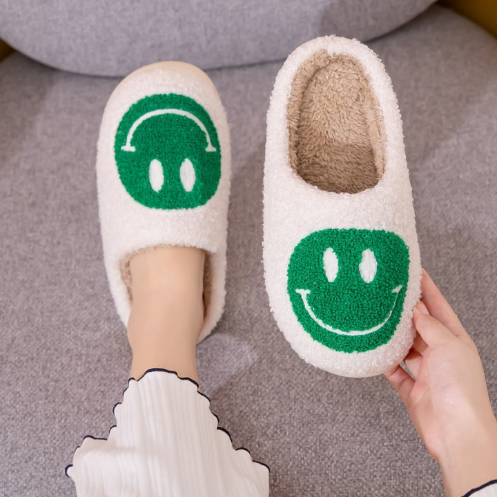 Plush Closed-Toe Slippers, Green Smiley