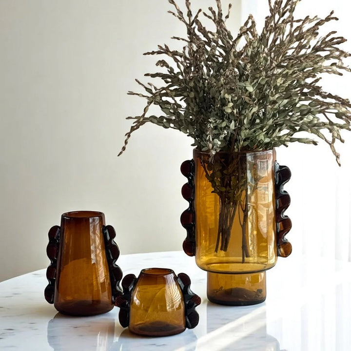 Handcrafted Mouth-Blown Glass Short Bud Vase, Amber