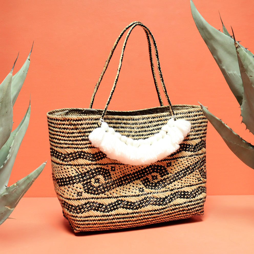 Natural Straw Tote Bag, White Roman Tassels