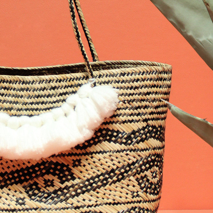 Natural Straw Tote Bag, White Roman Tassels