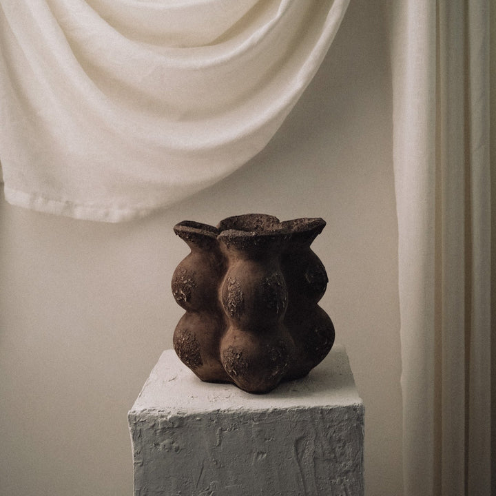 Handmade Clay Short Vessel Vase, Cacao