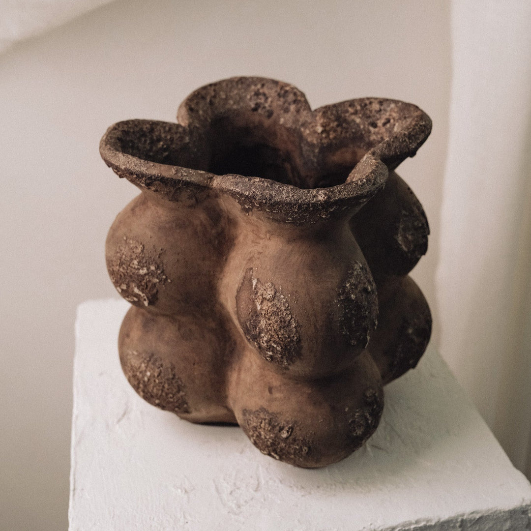 Handmade Clay Short Vessel Vase, Cacao