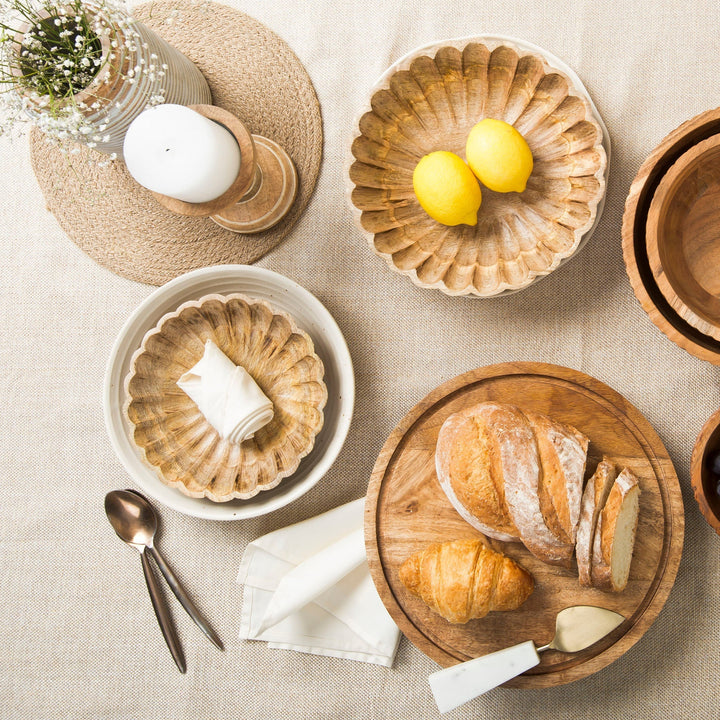 Handcrafted Scalloped Set of 2 Wooden Bowls, Natural