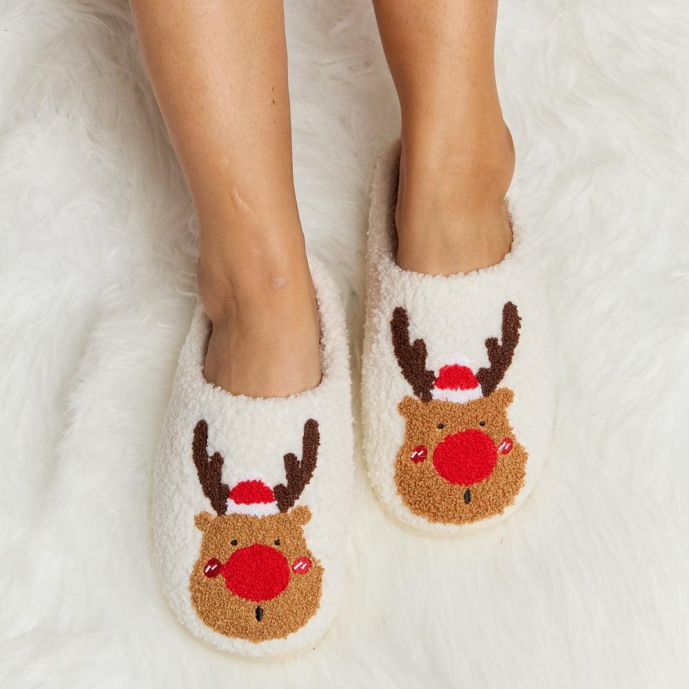 Plush Closed-Toe Slippers, Red or Green Rudolph