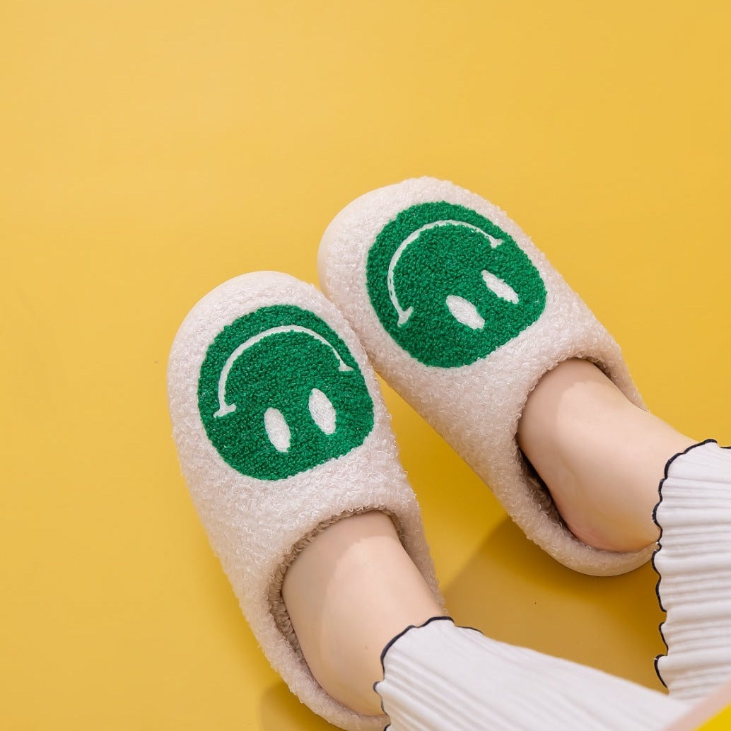 Plush Closed-Toe Slippers, Green Smiley