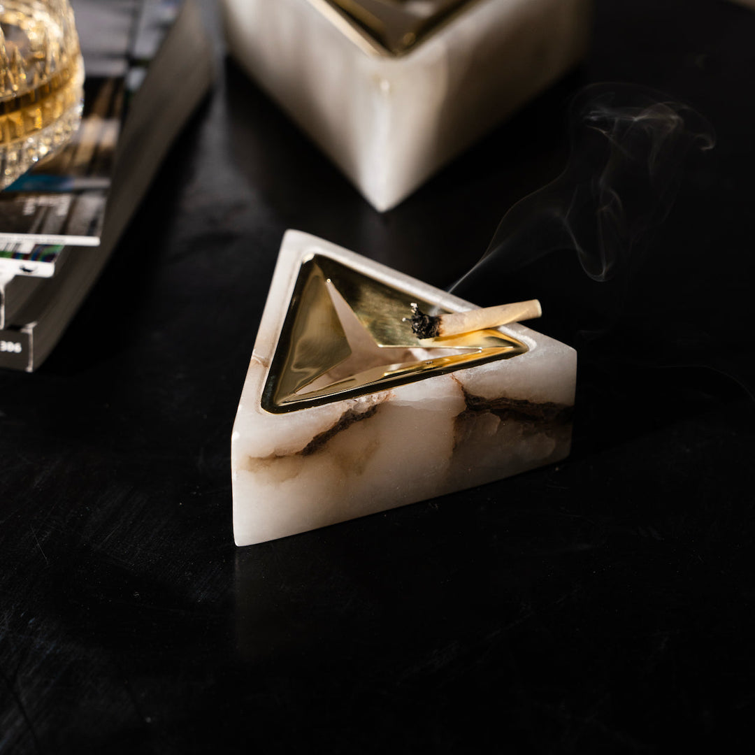 Hand-Carved Stone Ashtray, Alabaster & Brass