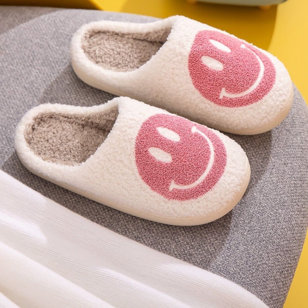 Plush Closed-Toe Slippers, Pink Smiley