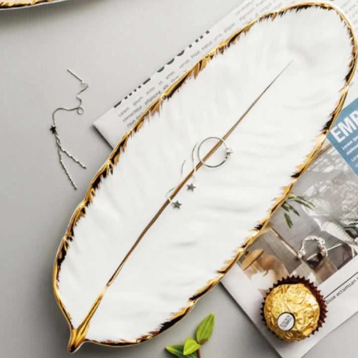 White Leaf Plate, Gold Edges