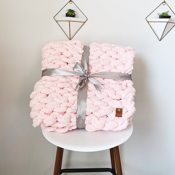 Chunky Hand-Knit Chenille Blanket, Baby Pink