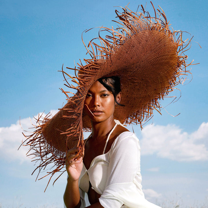 Oversized Woven Straw Hat, Chestnut Brown