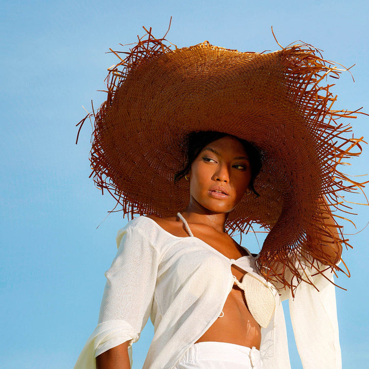 Oversized Woven Straw Hat, Chestnut Brown