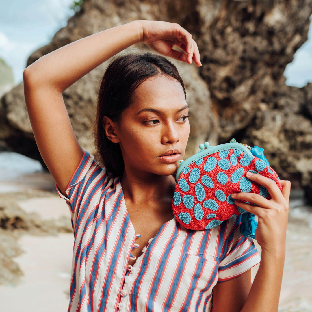 Hand-Beaded Clutch Bag, Red & Turquoise