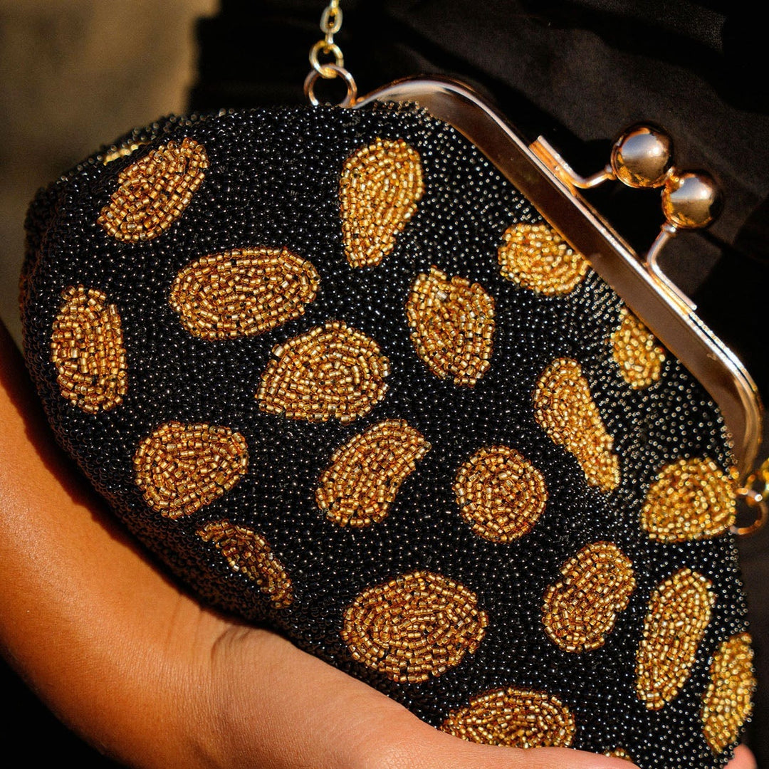 Hand-Beaded Clutch Bag, Black & Gold