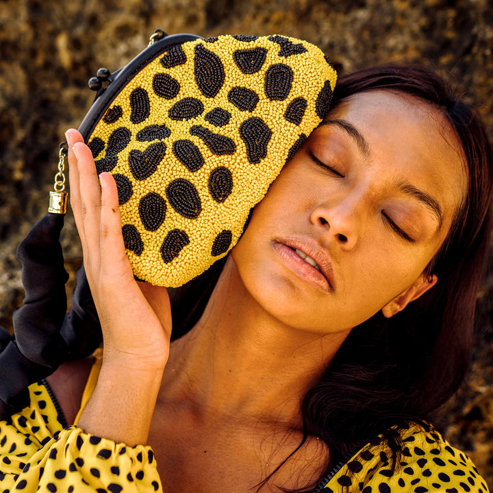 Hand-Beaded Clutch Bag, Black & Yellow