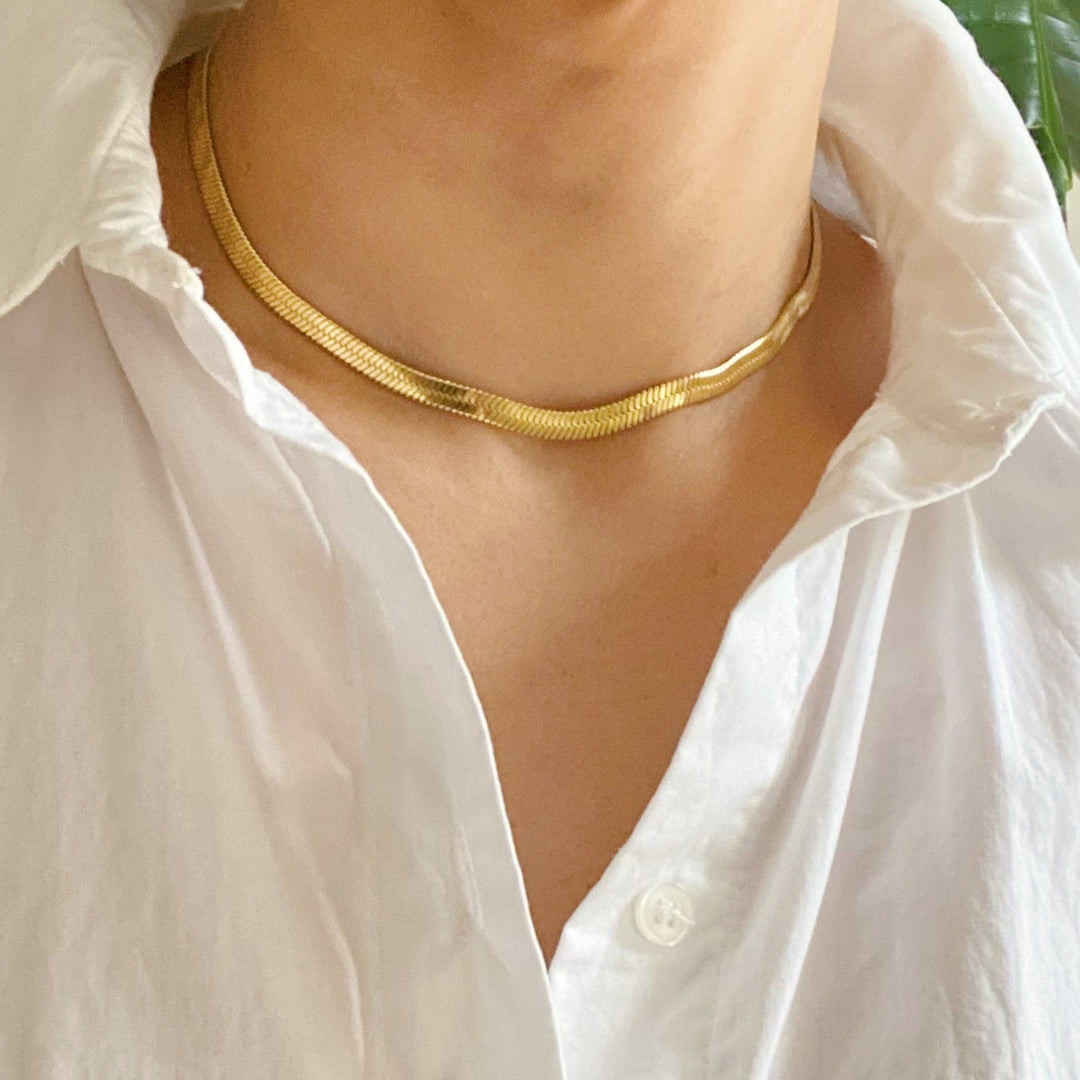 Polished Herringbone Chain, 18K Gold Stainless Steel