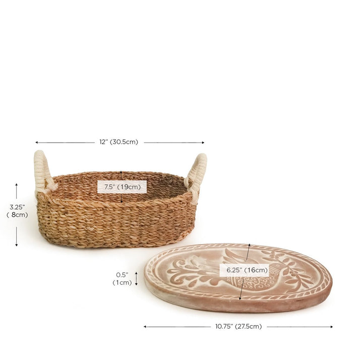 Oval BREAD BASKET WITH WARMING STONE, Bird & Leaves