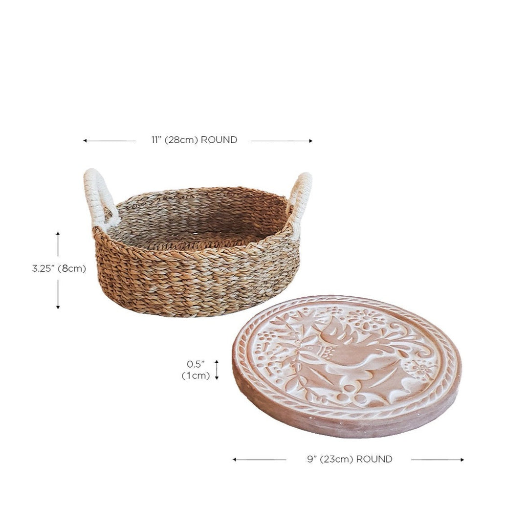 Round Bread Basket with Warming Stone, Bird & Leaves