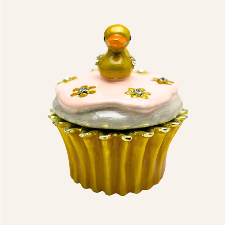 Yellow Duck on a Cupcake Trinket Box, 24k Gold Plated with Crystals