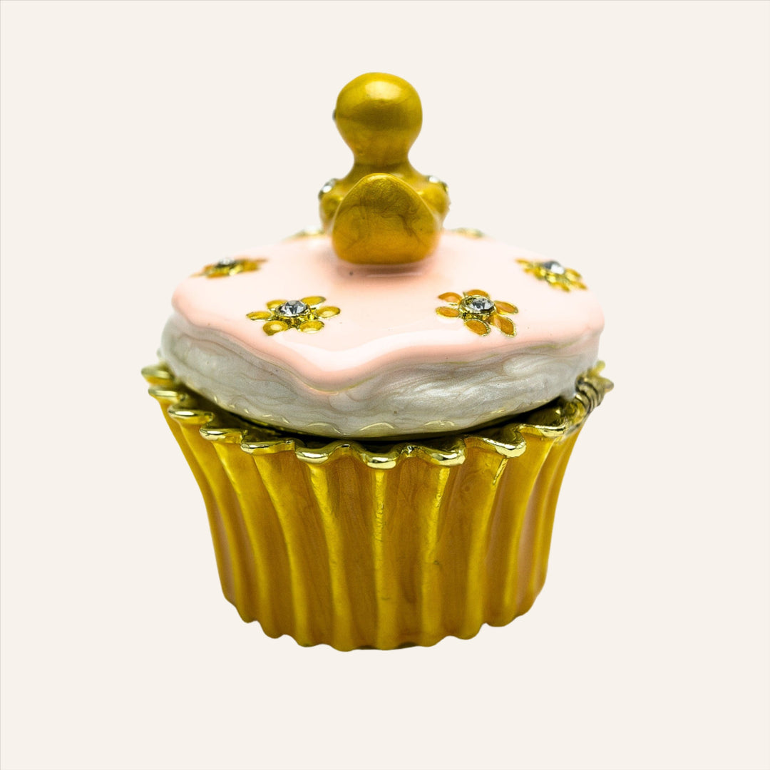 Yellow Duck on a Cupcake Trinket Box, 24k Gold Plated with Crystals