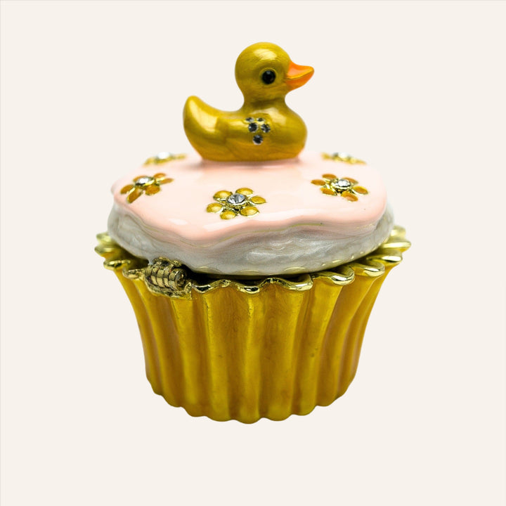 Yellow Duck on a Cupcake Trinket Box, 24k Gold Plated with Crystals