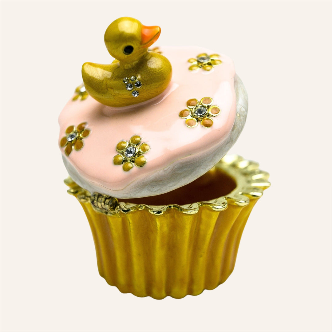 Yellow Duck on a Cupcake Trinket Box, 24k Gold Plated with Crystals