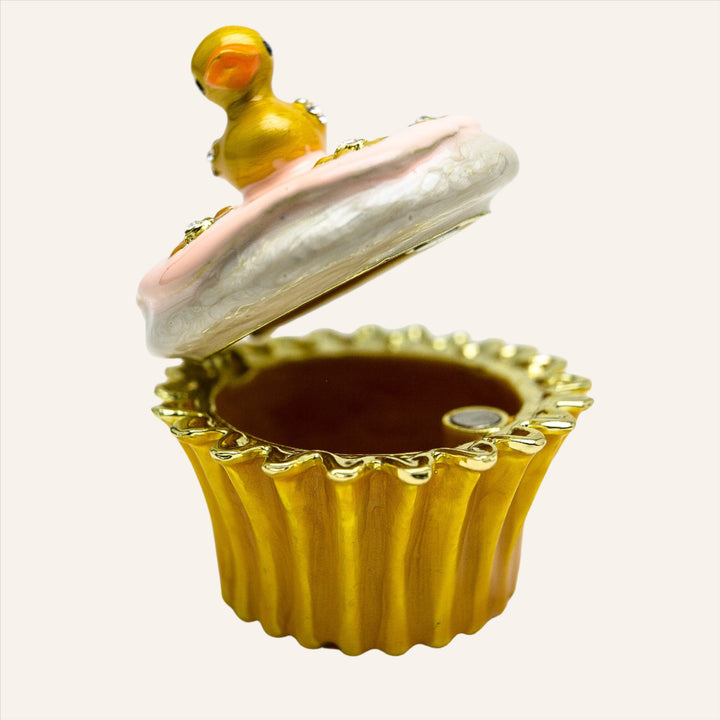 Yellow Duck on a Cupcake Trinket Box, 24k Gold Plated with Crystals