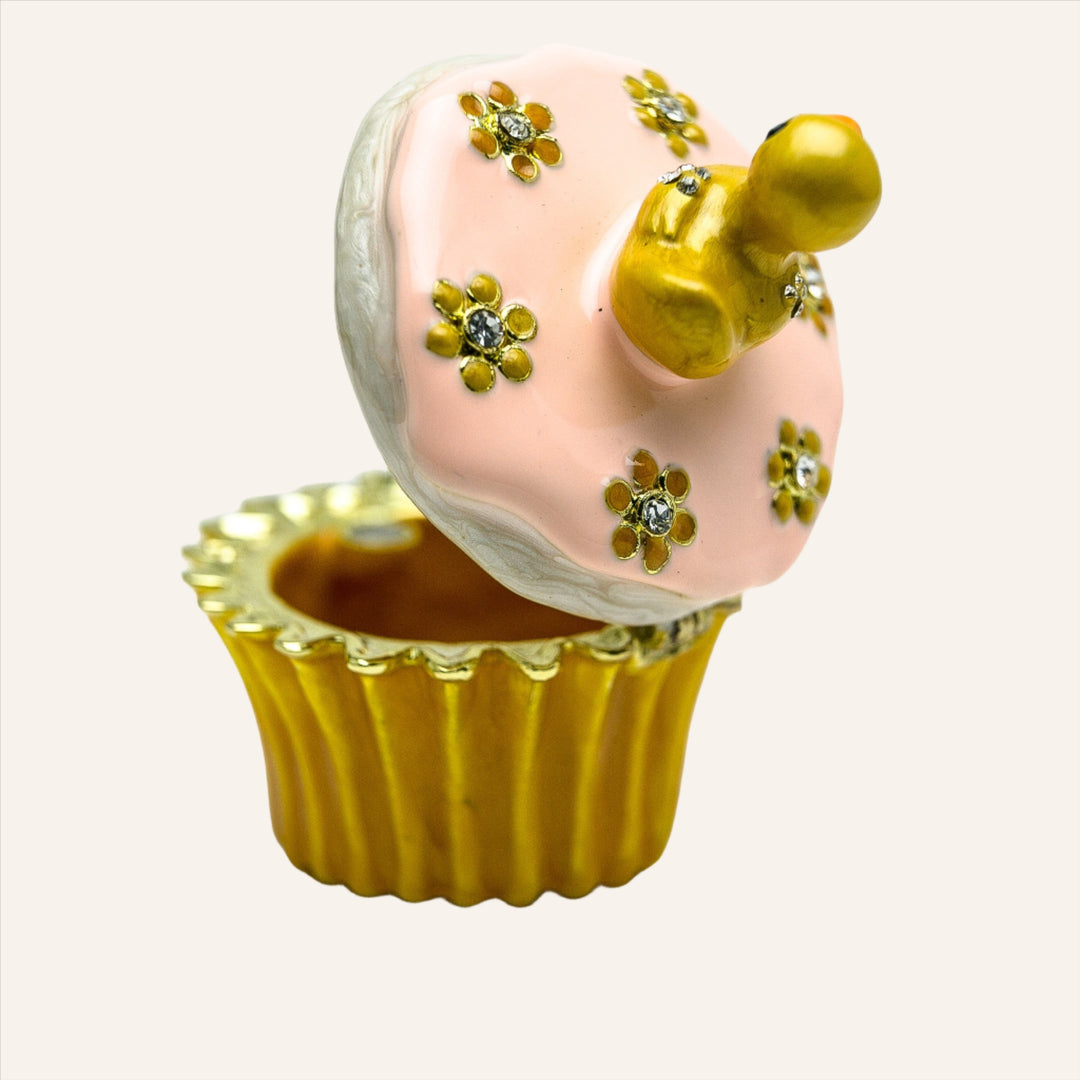 Yellow Duck on a Cupcake Trinket Box, 24k Gold Plated with Crystals