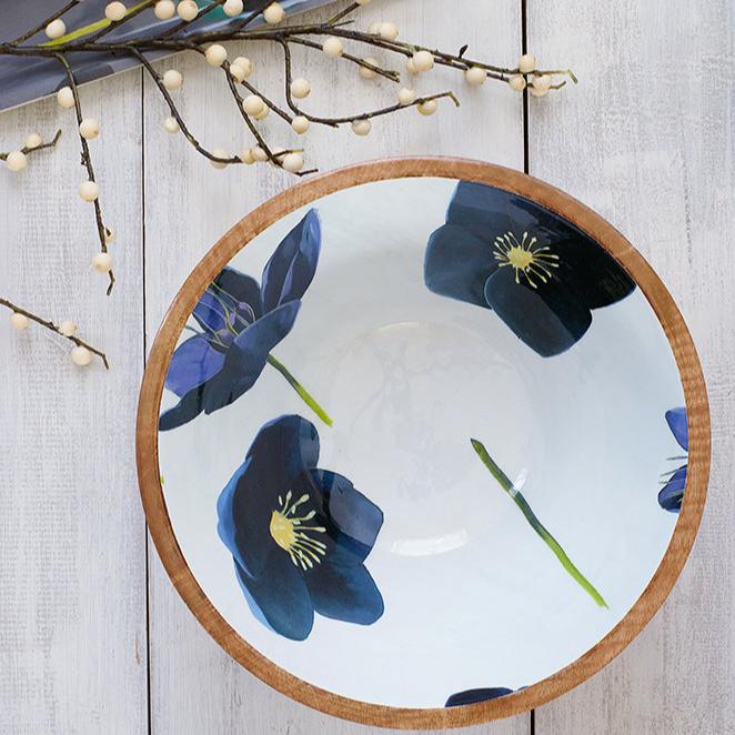 Mango Wood Serving Bowl, Snow around Black Hellebore Flowers