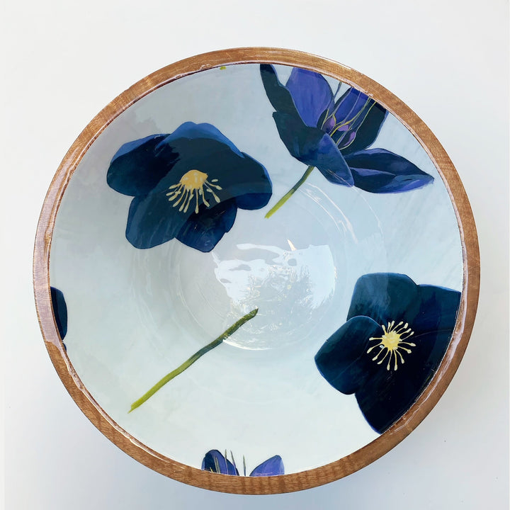 Mango Wood Serving Bowl, Snow around Black Hellebore Flowers