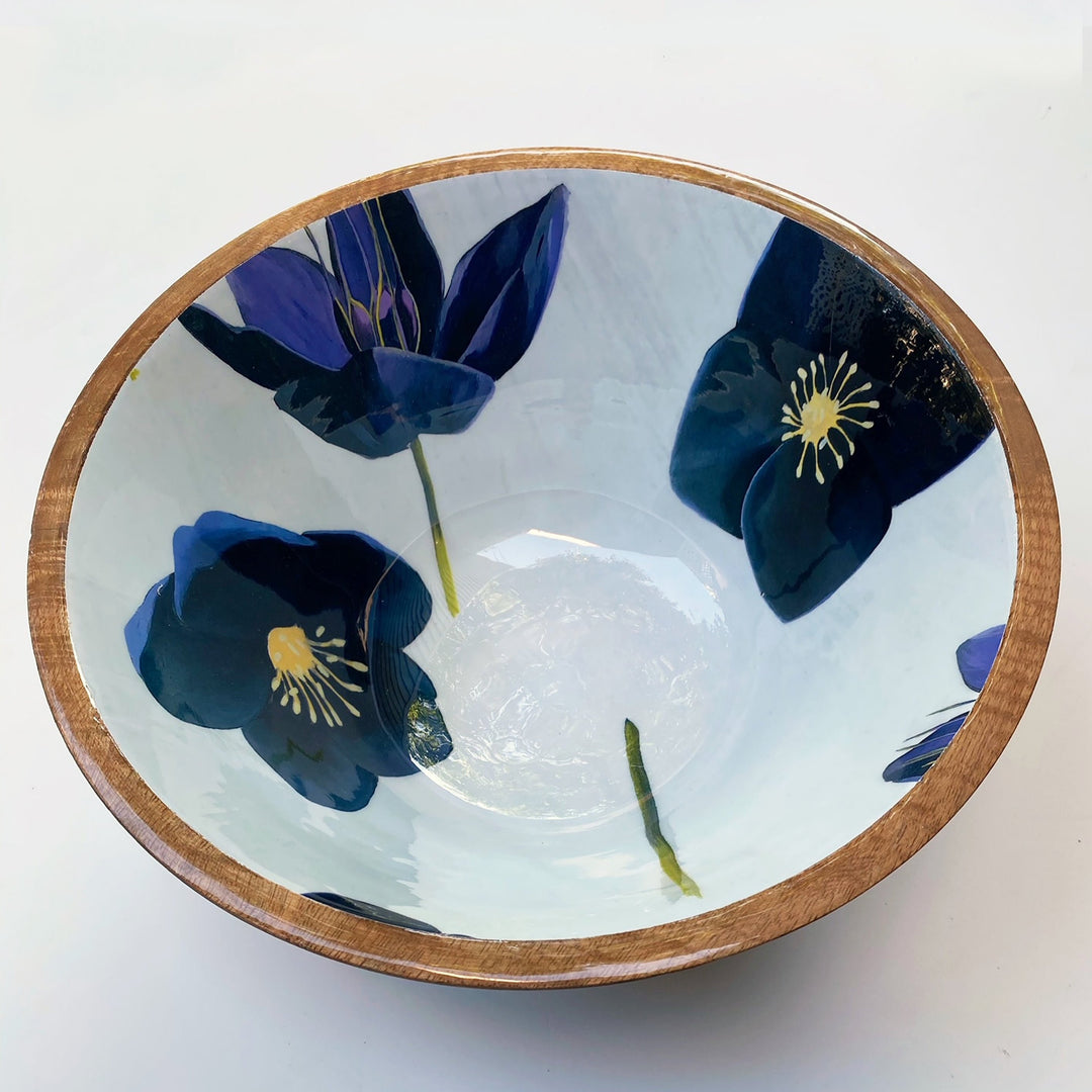 Mango Wood Serving Bowl, Snow around Black Hellebore Flowers