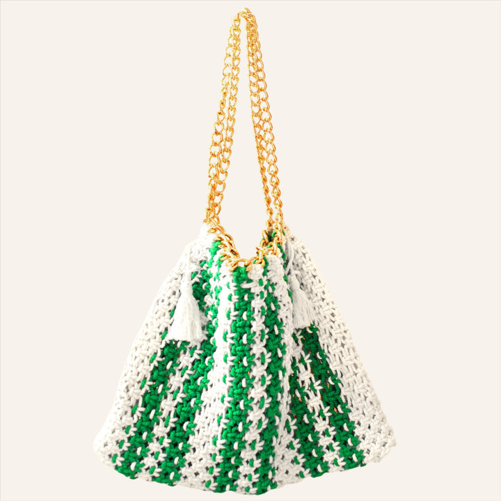 Macrame Beach Bag, Green & Off-White