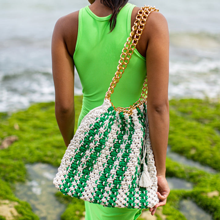 Macrame Beach Bag, Green & Off-White